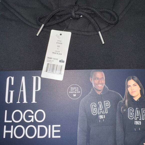 GAP Hoodie Mens Large True Black Logo 1969 Embroidered Pullover Fleece - Picture 5 of 13